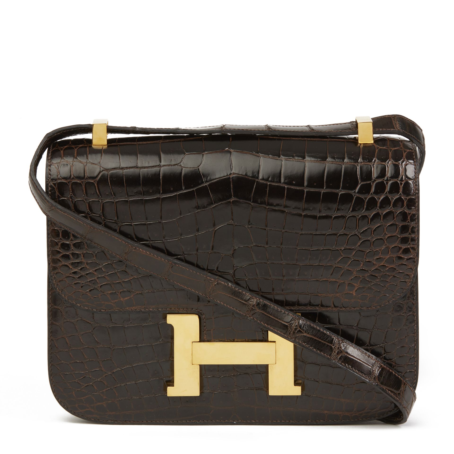 Hermès Marron Fonce Shiny Caiman Crocodile Leather Vintage Constance 24