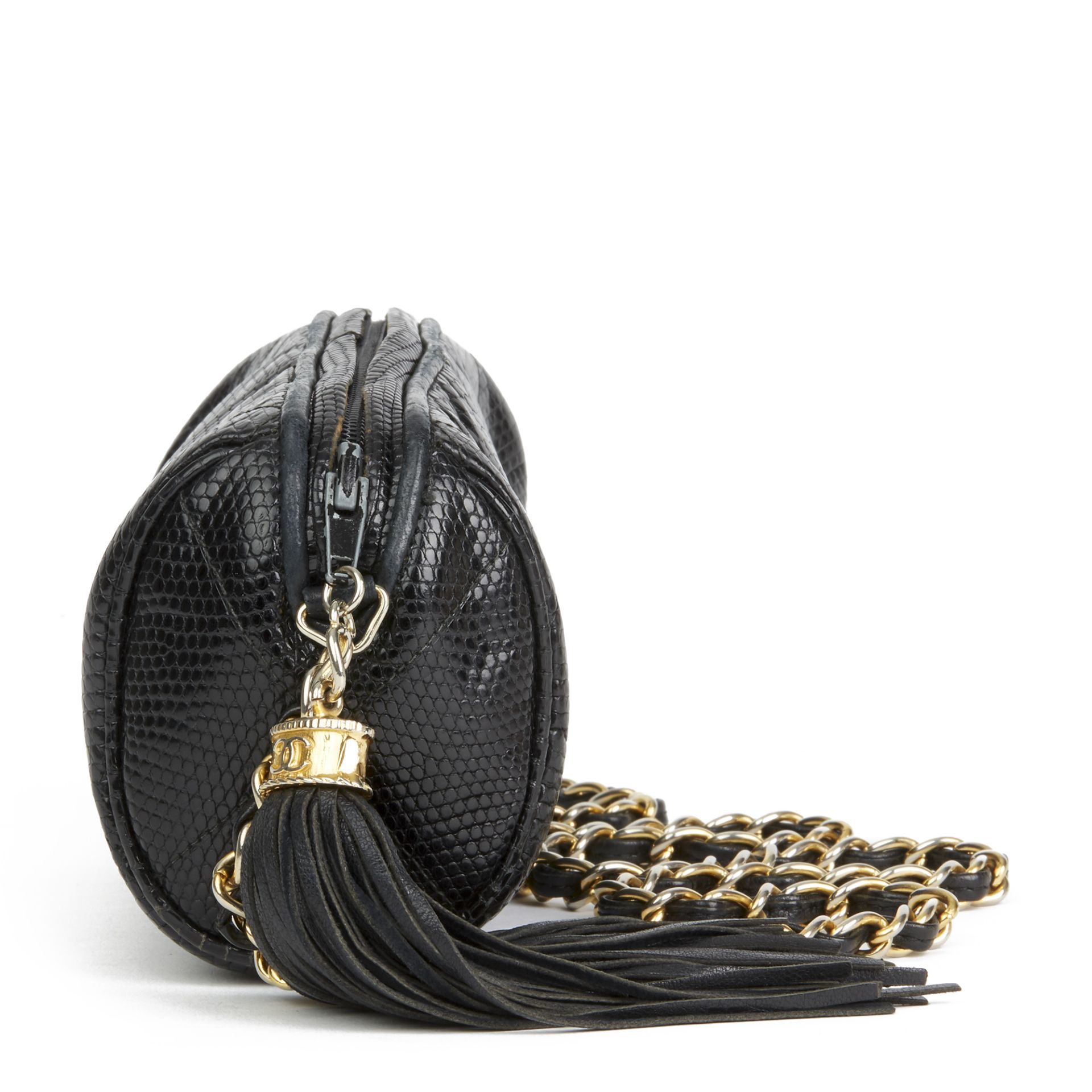 Chanel Black Quilted Lizard Leather Vintage Timeless Fringe Shoulder Pochette - Image 12 of 12