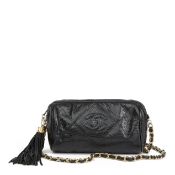 Chanel Black Quilted Lizard Leather Vintage Timeless Fringe Shoulder Pochette