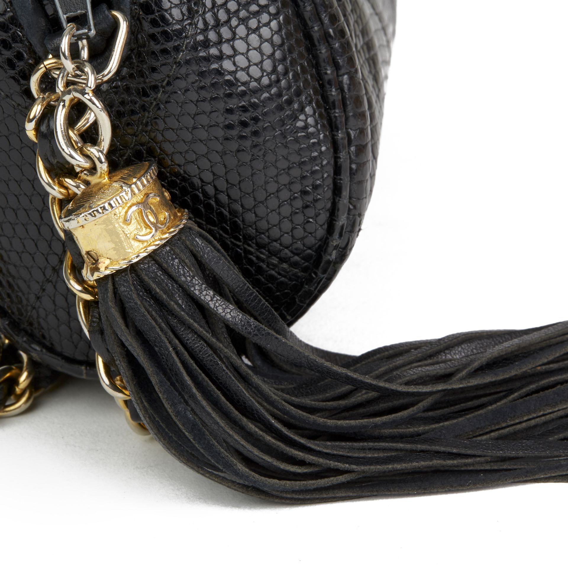 Chanel Black Quilted Lizard Leather Vintage Timeless Fringe Shoulder Pochette - Image 8 of 12