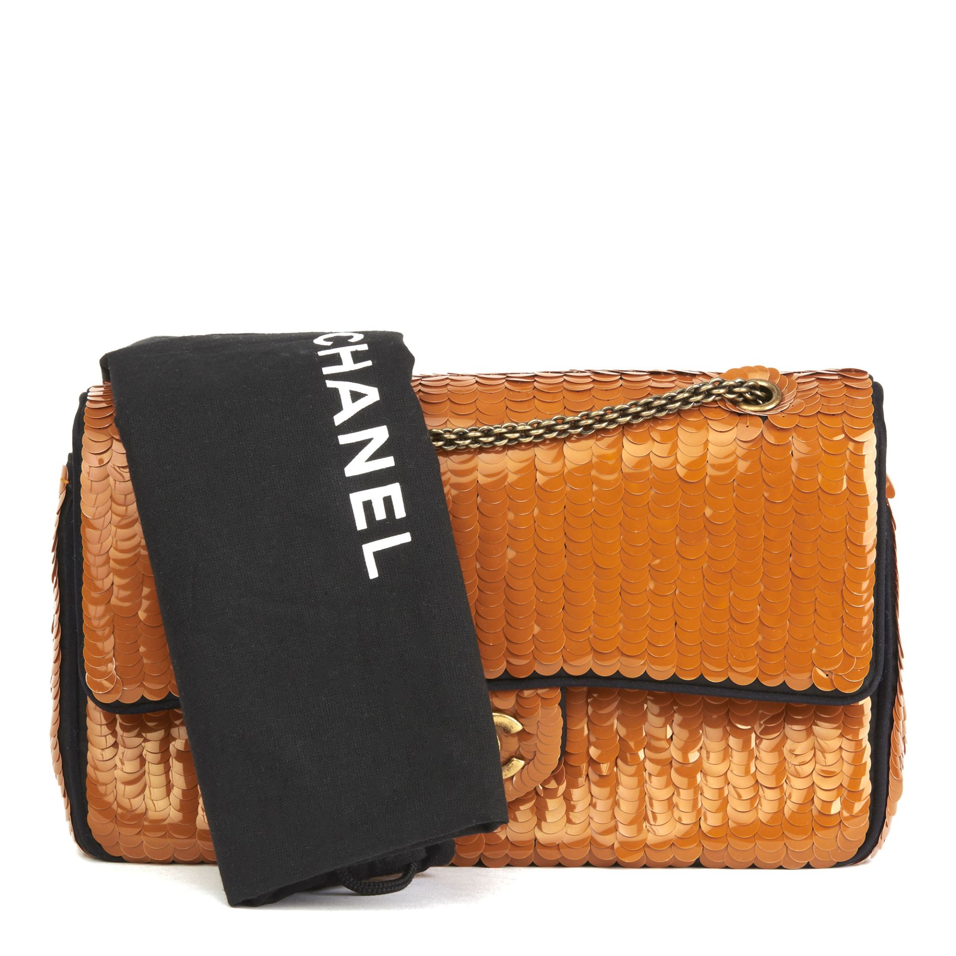 Chanel Black Satin & Orange Sequin Embellished Paris-Shanghai Medium Classic Double Flap Bag - Image 3 of 11