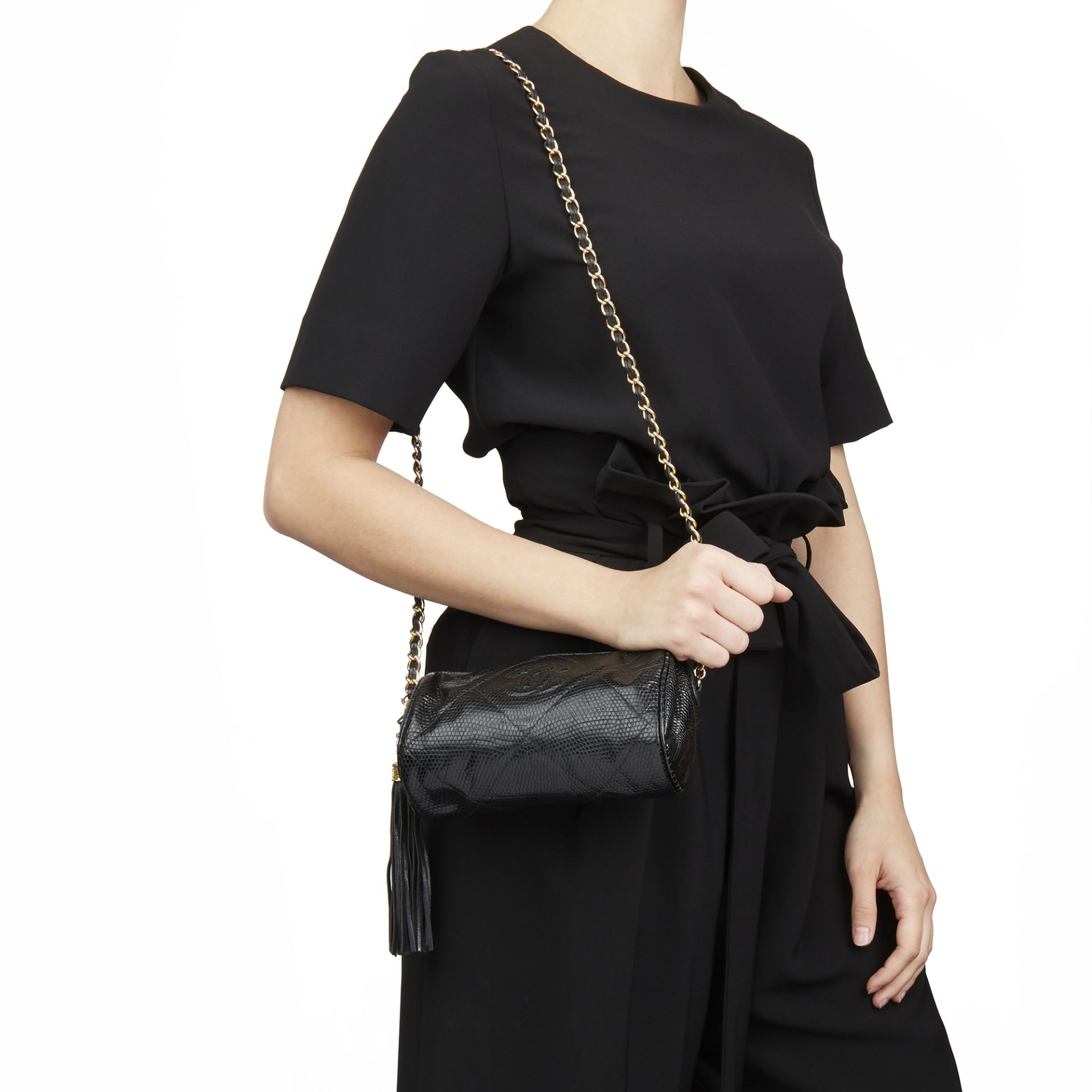 Chanel Black Quilted Lizard Leather Vintage Timeless Fringe Shoulder Pochette - Image 2 of 12