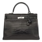 Hermès Black Matte Mississippiensis Alligator Leather Kelly 35Cm Retourne