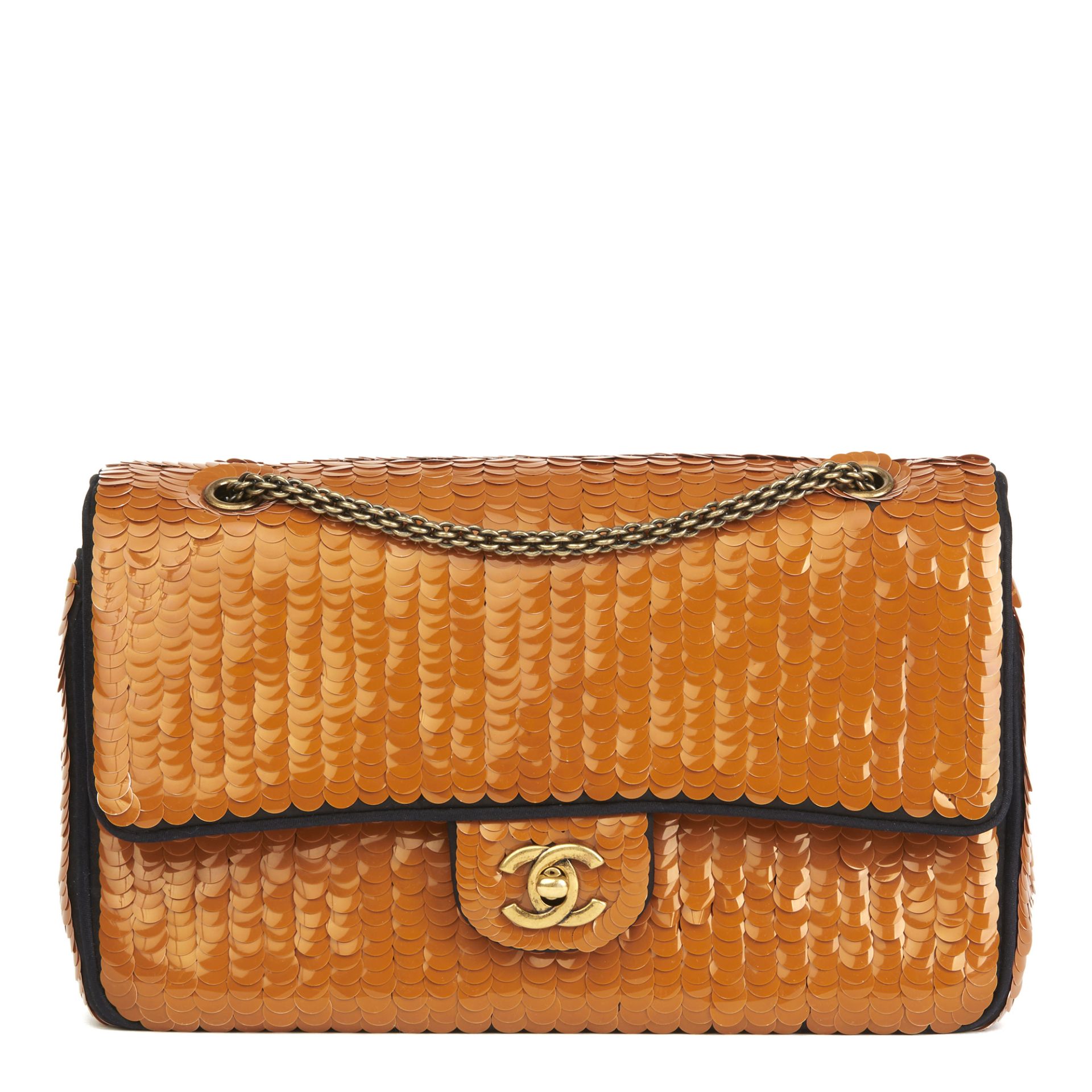 Chanel Black Satin & Orange Sequin Embellished Paris-Shanghai Medium Classic Double Flap Bag