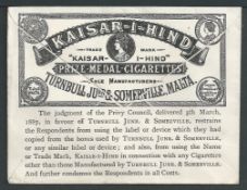 Malta 1891 Covers with endorsed "Guaranteed Pure Kaisar-I-Hind Hand Made Prize Medal Cigarettes: