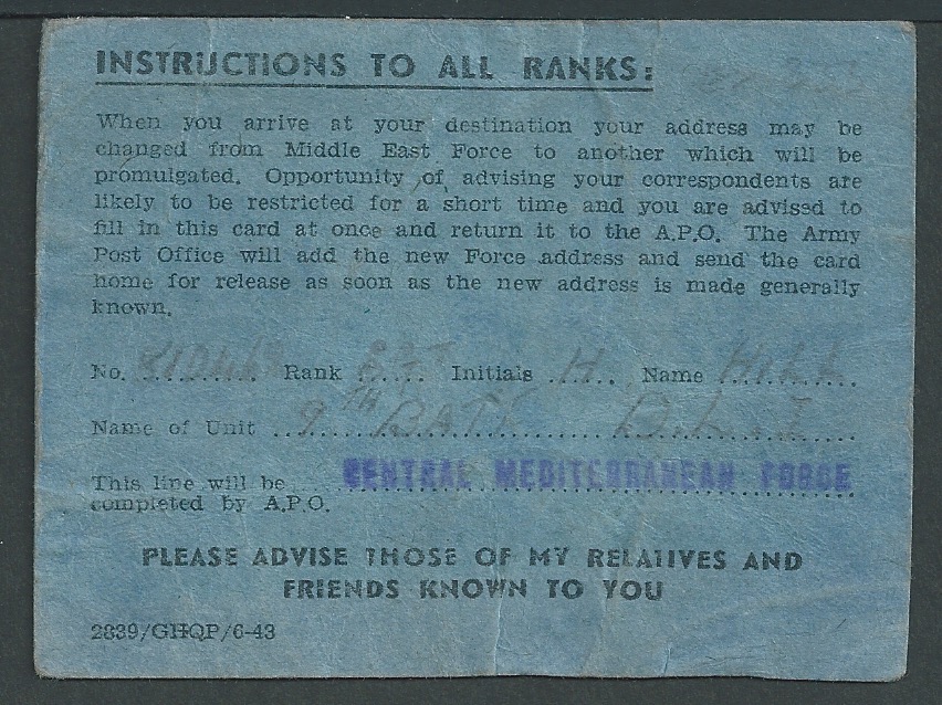 G.B. - World War II / Wreck Mail 1943 Small blue card with "Postage Free" imprint, issued to Soldier - Image 2 of 2