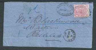 G.B. - Registered / Scotland 1882 Cover franked 3d cancelled by washed oval "REGISTERED / GLASGOW" d