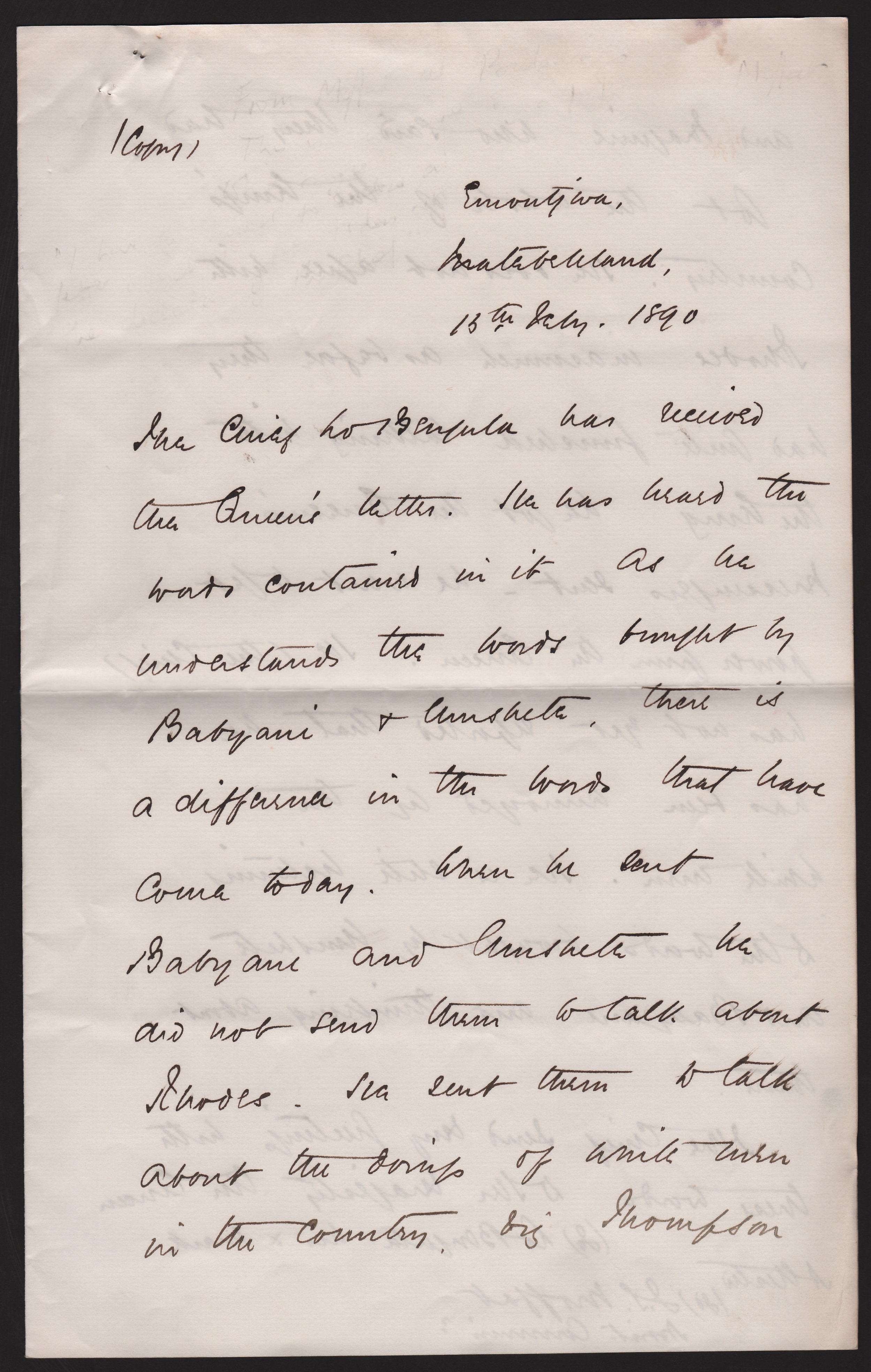 Rhodesia - King Lobengula 1890 (June 24) 1890 (June 24) Letter from King Lobengula to J. S. Moffat,