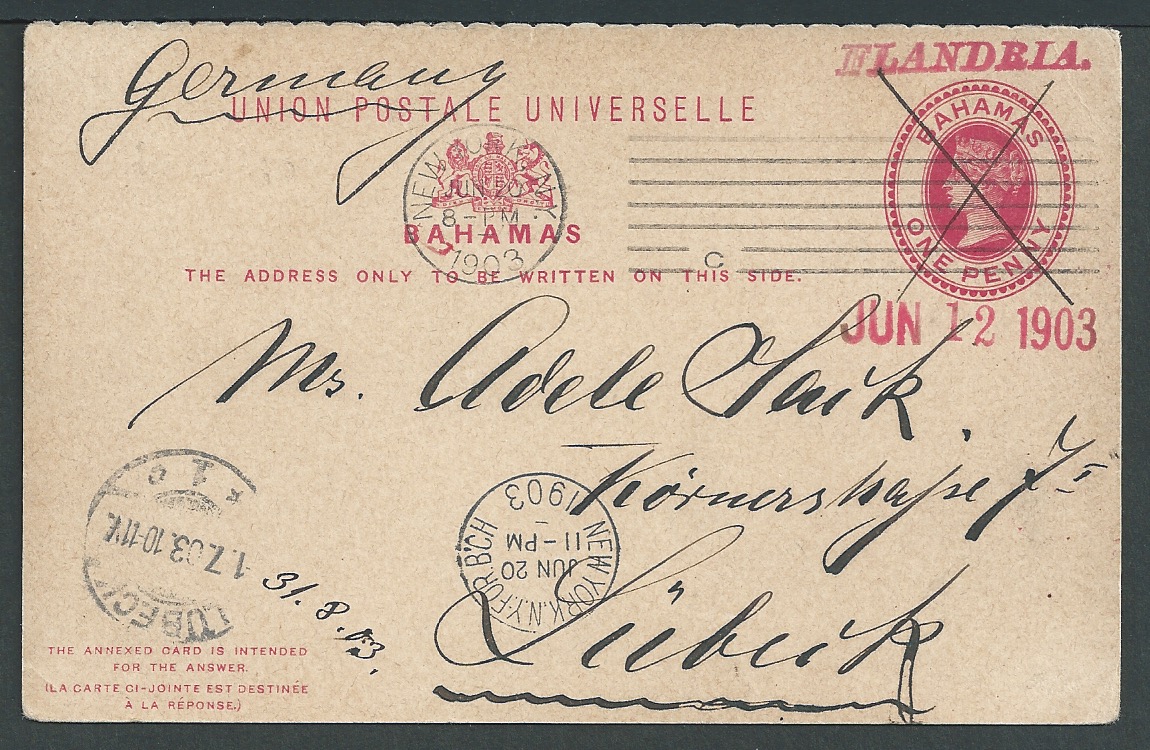 Bahamas / Hapag 1903 Queen Victoria 1d postal stationery Reply Card, outward half written from Inagu