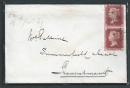 G.B. - T.P.Os/Royalty 1869 Cover franked by a 1d red vertical pair