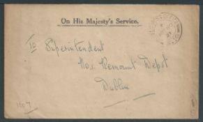 G. B, - IRELAND 1921 Stampless O.H.M.S. Cover addressed to No 1 Remount Depot, Dublin, with the doub