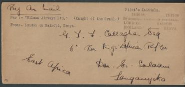 Kenya, Uganda & Tanganyika 1929 Stampless cover to G. Callaghan in Dar-es-Salaam inscribed Per Wilso