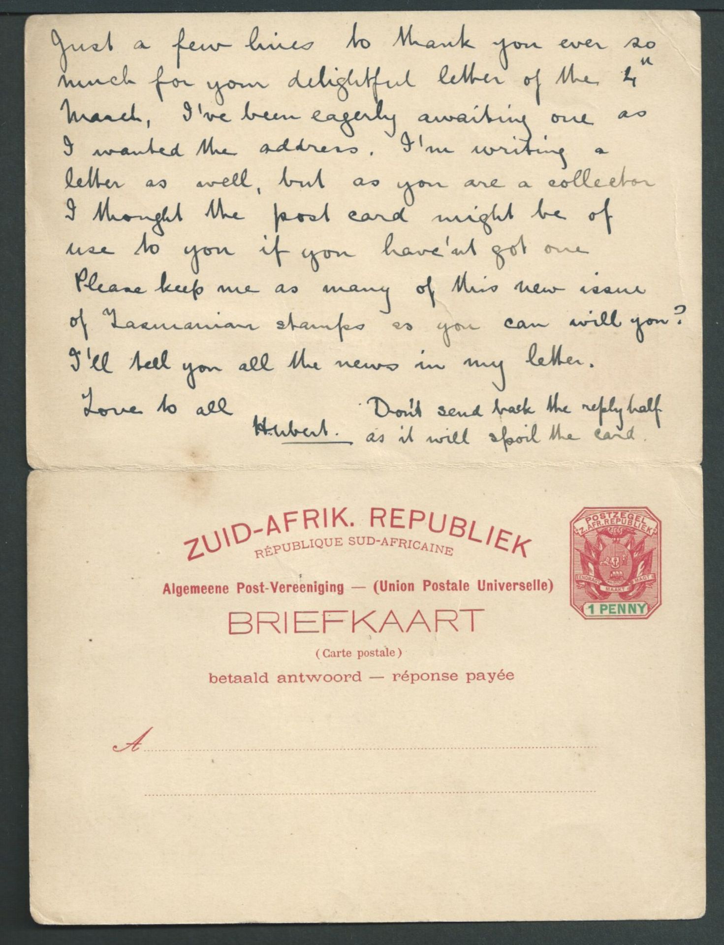 Boer War 1900 (May 3) Transvaal 1d reply card (with reply half still attached) to New South Wales - Image 3 of 3
