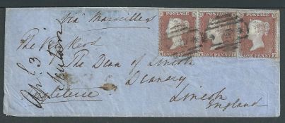 G.B. - Crimean War 1855 Cover to England bearing GB die I perf 14 1d red strip of three