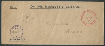 Kenya / Sudan 1927 Stampless OHMS Post office cover from London to Kisumu.with violet "LONDON/F.S...