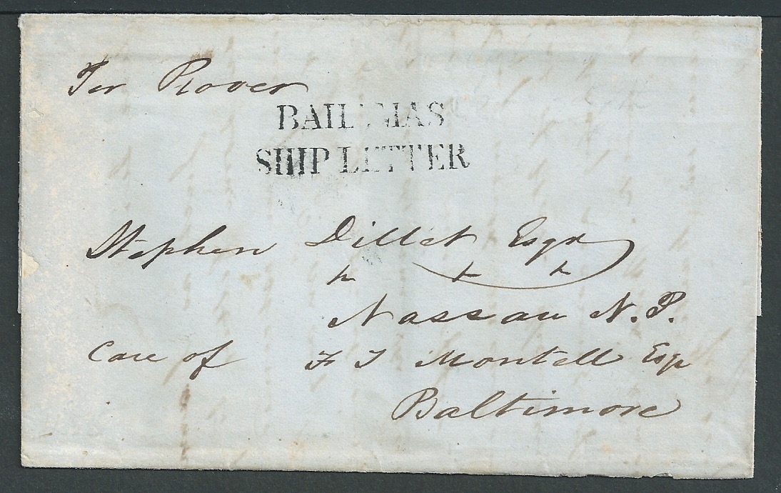 Bahamas 1855 Entire letter from New York addressed to "Stephen Dillet Esq, Nassau N.P., care of F. J