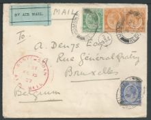 Kenya 1927 (Jan. 3) Registered cover from Mombasa to Belgium franked 80c