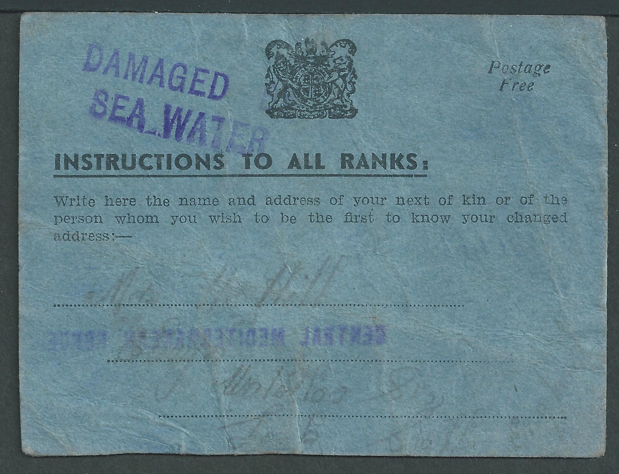 G.B. - World War II / Wreck Mail 1943 Small blue card with "Postage Free" imprint, issued to Soldier