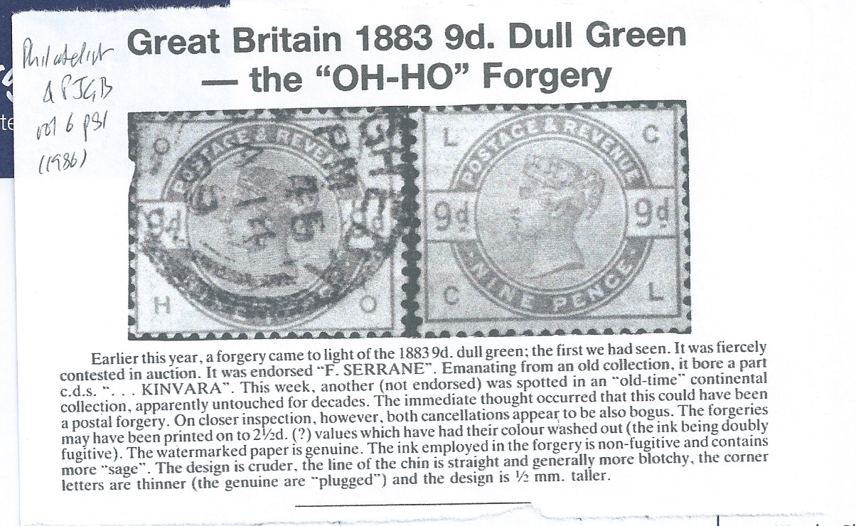 G.B. - Surface Printed / Forgeries 1883 9d Dull green forgery lettered "OH-HO" on genuine watermarke - Image 3 of 3