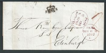 G.B. - Scotland 1842 Entire (vertical file fold) prepaid 2d from Glasgow to Edinburgh, with "V (Crow