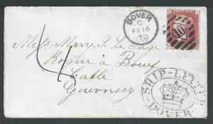 G.B. - Ship Letters - Dover 1878 Cover to Guernsey franked by a 1d red