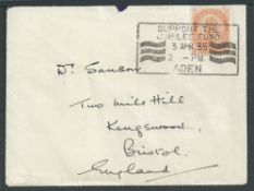 Aden 1935 (Apr 3) Cover to England bearing KGV 2a6p cancelled by "SUPPORT THE / JUBILEE FUND / ADEN