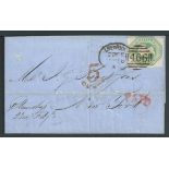 G.B. - Embossed Issues 1856 Entire letter to New York franked by embossed 1/-