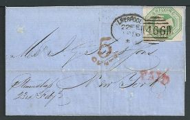 G.B. - Embossed Issues 1856 Entire letter to New York franked by embossed 1/-