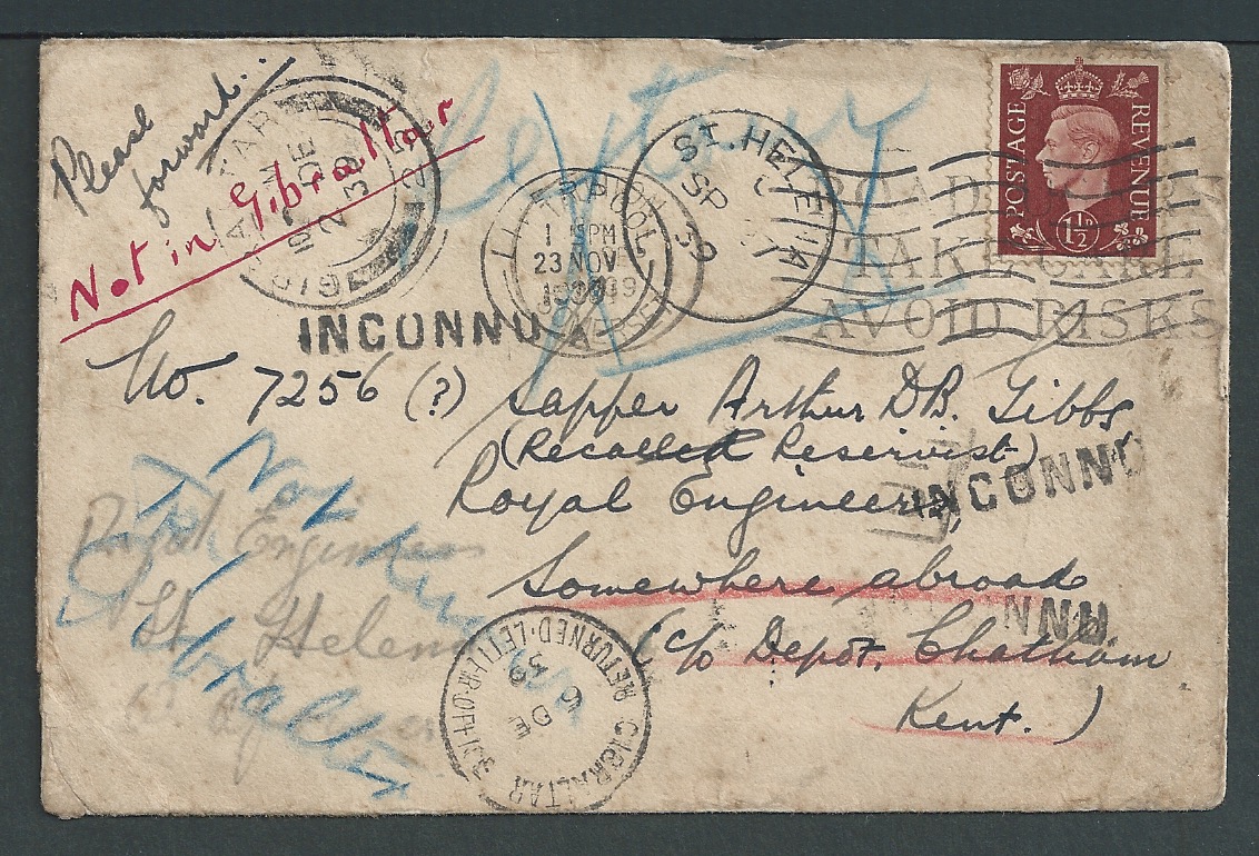 Saint Helena 1939 (Sep 3) Cover from Somerset to a Royal Engineer "Somewhere abroad, C/0 Depot Chath