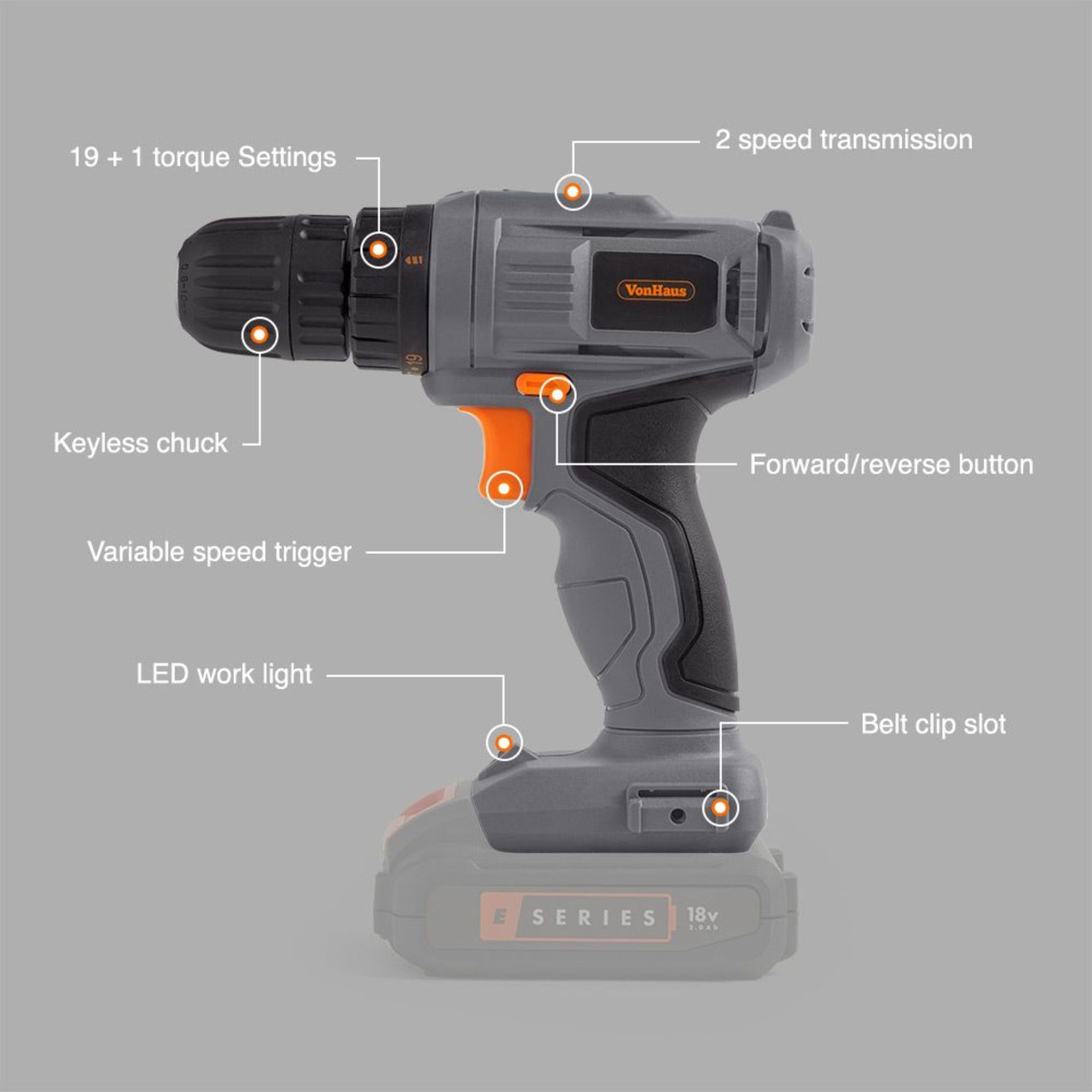 (K18) E-Series 18V Cordless Drill Driver Drill up to 10mm (metal) & 20mm (wood) 30NM torque... - Image 2 of 3