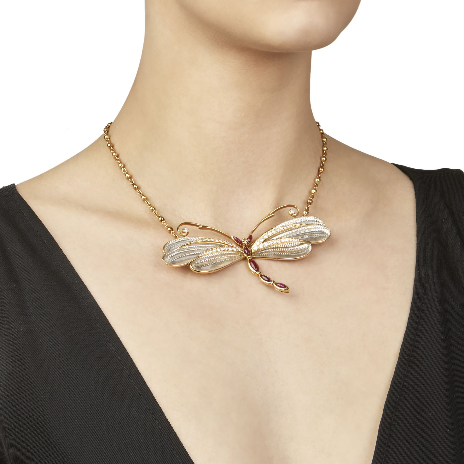 Boucheron 18k Yellow Gold Diamond & Ruby Dragonfly Pendant Necklace - Image 2 of 7