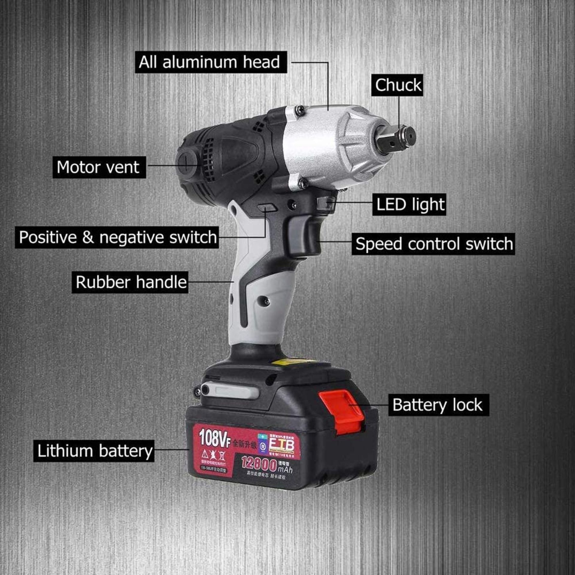 108Vf 12800Mah Cordless Electric Impact Wrench Drill Driver W/ Lithium-Ion Battery - Image 4 of 4