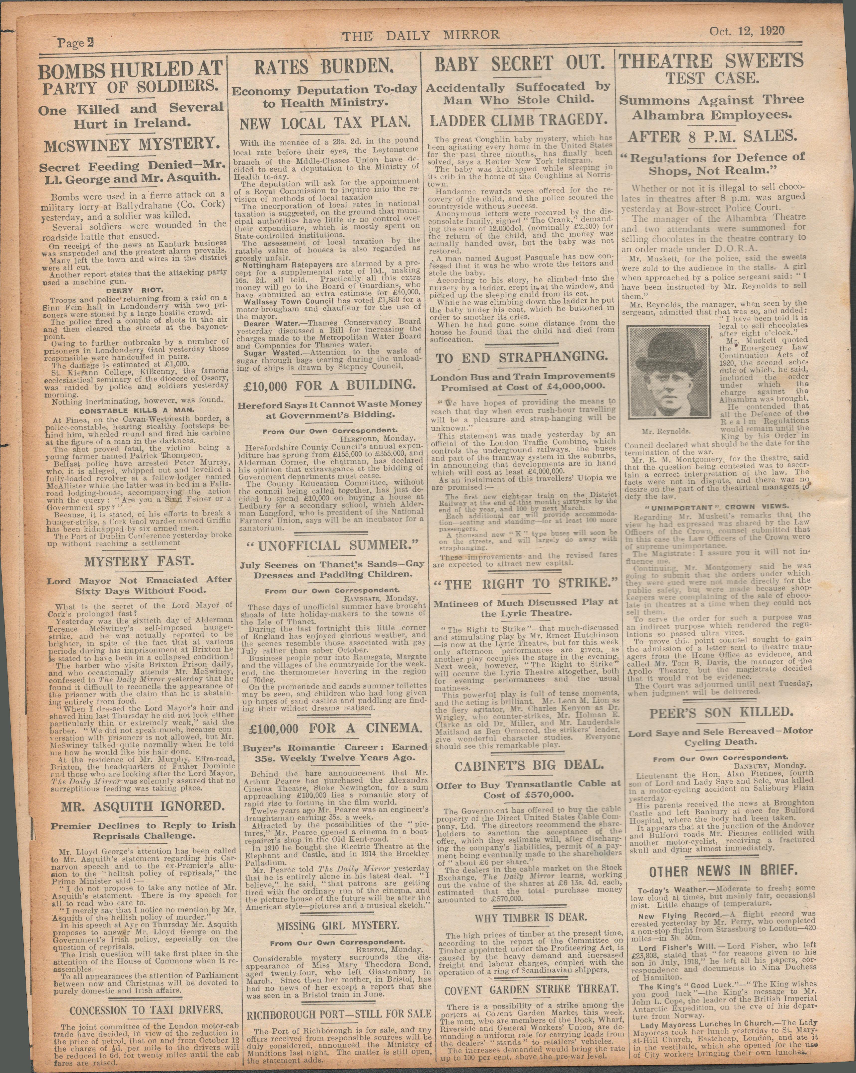 Lord Mayor McSwiney Hunger Strike "Mystery Secret Feeding Denied" Original Newspaper