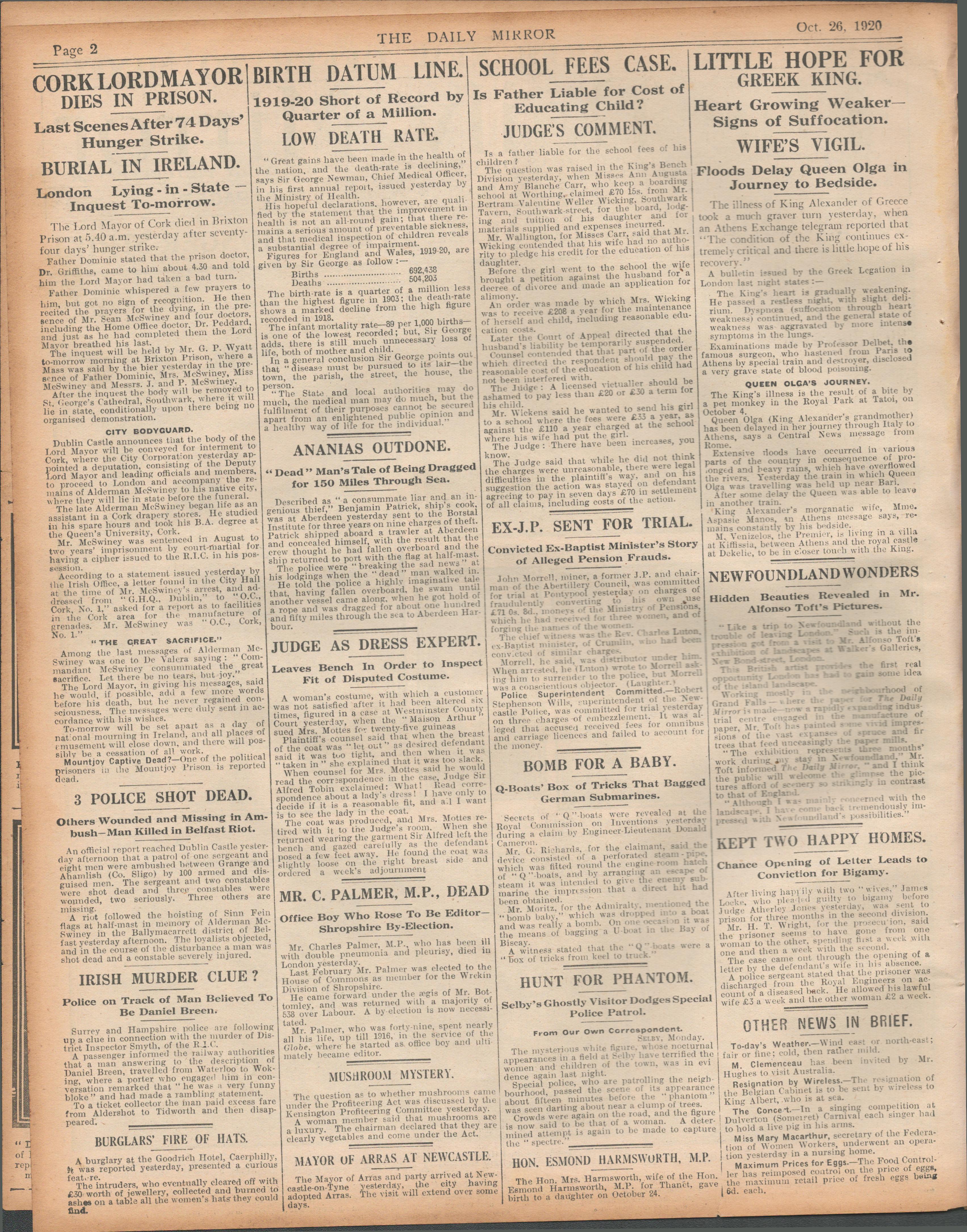 Cork's Lord Mayor Dies After 74 Days Hunger Strike Original 1920 Newspaper - Image 2 of 2