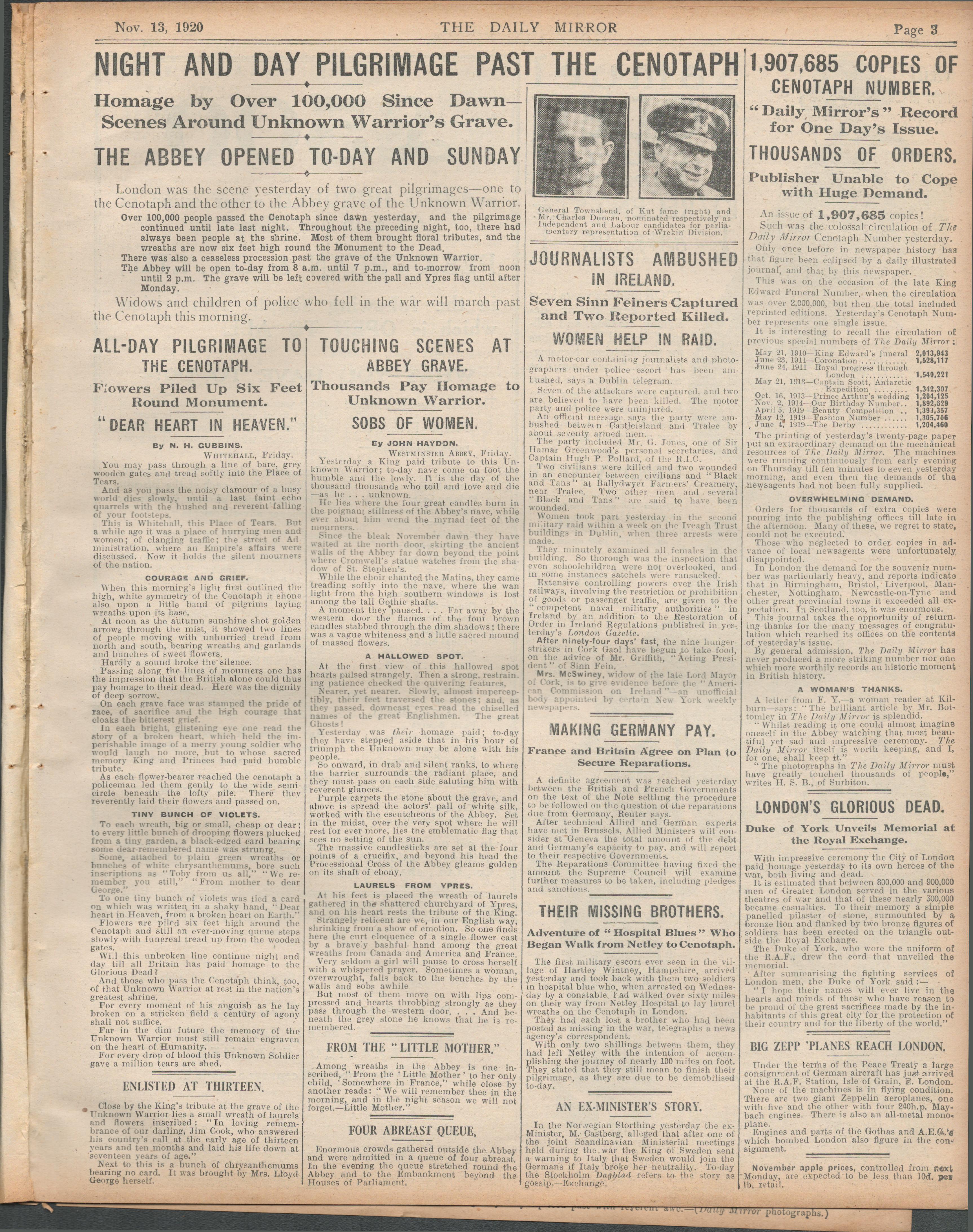 Set Of 3 Original Newspapers Each With The Irish War Of Independence News Reports (5) - Image 2 of 3