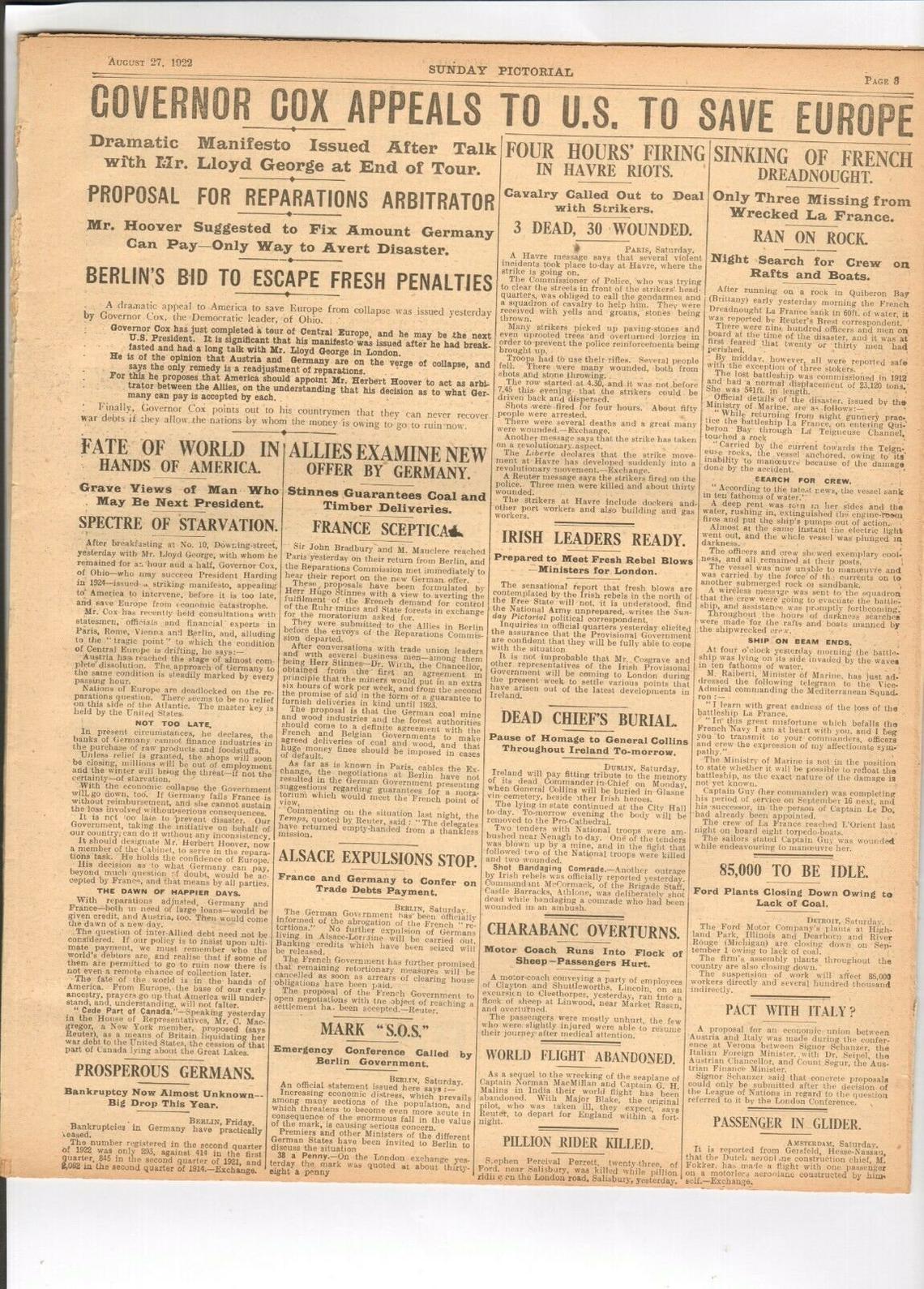 Original Sunday Pictorial Newspaper Aug 27 1922 The Funeral Of Michael Collins - Image 2 of 3