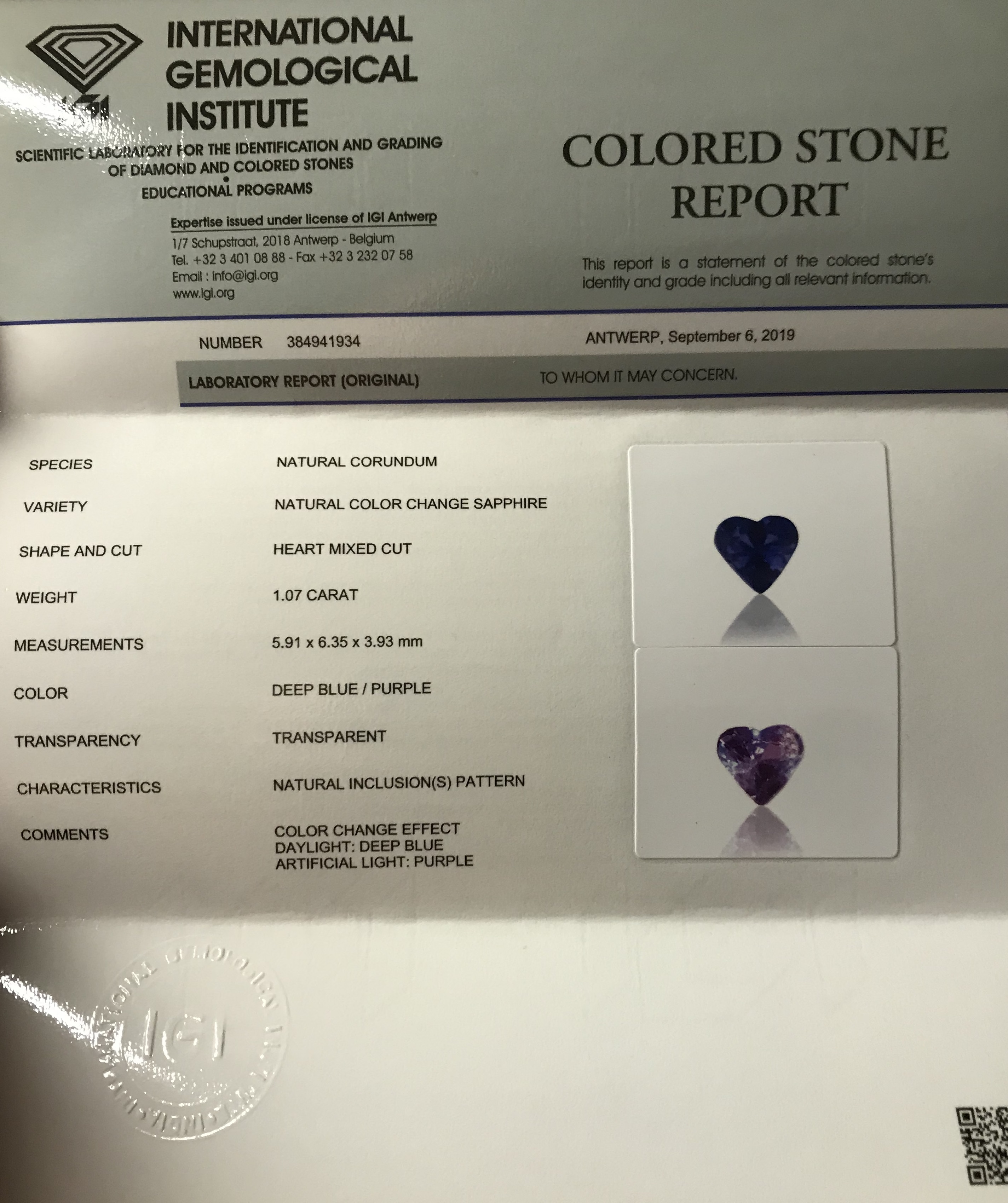 Violet Sapphire, 1.07 Ct - Image 6 of 6