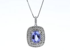 9ct White Gold Oval Tanzanite And Diamond Cluster Pendant 0.28 Carats