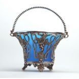 A good cast silver plate Sweet / Sugar Basket with opaline blue liner C.19thC