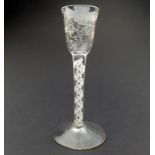 A fine Georgian glass Opaque Air Twist Jacobite Flying Bird Cordial C.18thC