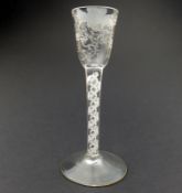 A fine Georgian glass Opaque Air Twist Jacobite Flying Bird Cordial C.18thC