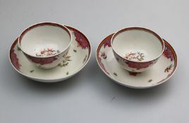 A pair of New Hall porcelain Tea Bowls & Saucers C.18thC