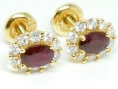 18K Gold Ruby & Diamond Hallmarked Cluster Earrings