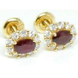 18K Gold Ruby & Diamond Hallmarked Cluster Earrings