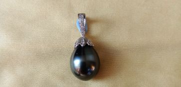 Cultured Black Tahitian Pearl And Diamond Pendant