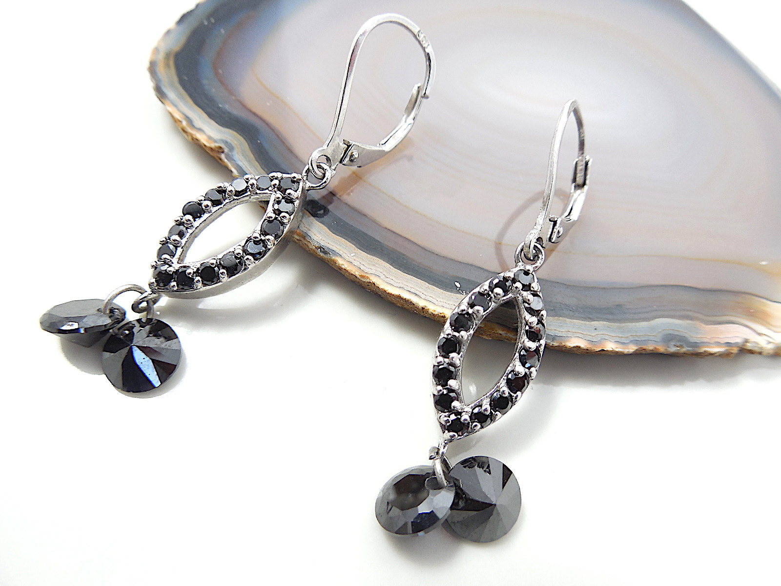 Silver Hinged Earrings With Black Stone - Image 3 of 4