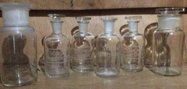 Antique Glass Pharmacy Bottles And Glass Stoppers, Collection Of 14