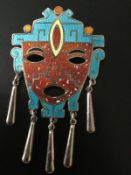 Vintage Castellan Mexican Enamel Sterling Silver Aztec Mayan Mask Brooch Pendant