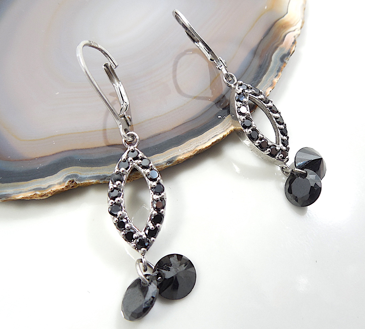 Silver Hinged Earrings With Black Stone - Image 2 of 4