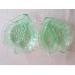 Two Green Glass Leaf Pattern Serving Dishes